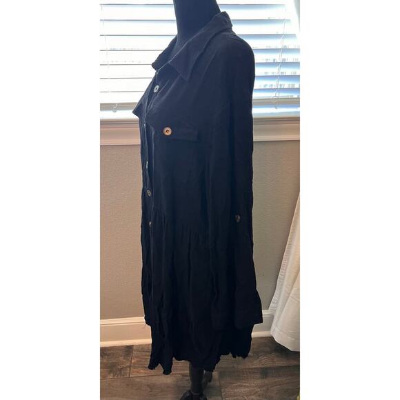 White Birch Sz‎ L linen blend blk button down long sleeve full knee length dress - Picture 3 of 9